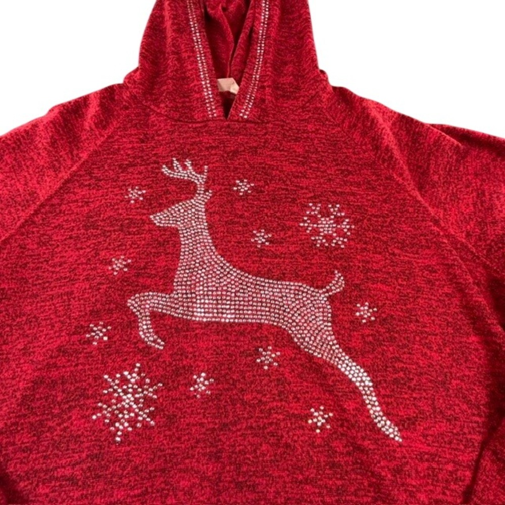 Amana Womens Heather Red Rhinestone Reindeer Christmas Holiday Hooded Sweater 2X